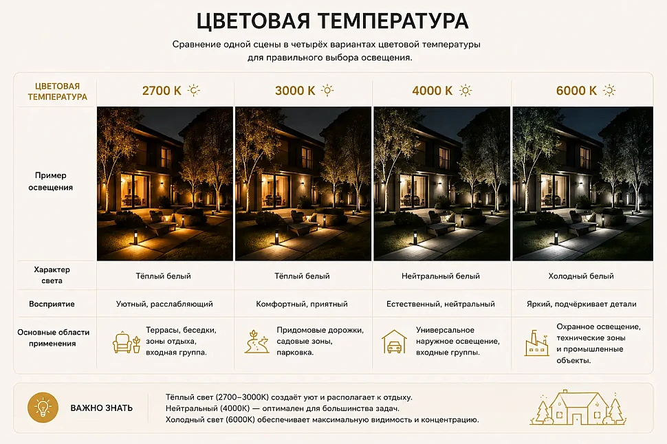 Сравнение цветовой температуры уличного освещения: от теплого 2700K до холодного 6000K