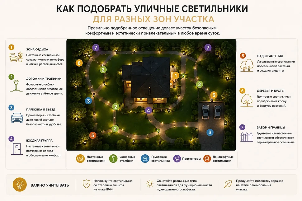 Схема расположения и подбора уличных светильников для различных зон участка
