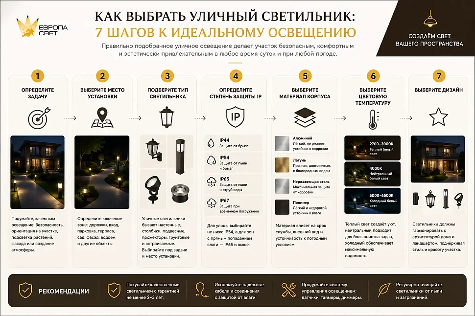 Инфографика: 7 шагов к идеальному уличному освещению участка