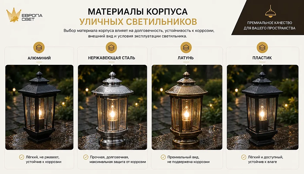 Материалы корпуса уличных светильников: алюминий, нержавеющая сталь, латунь и пластик