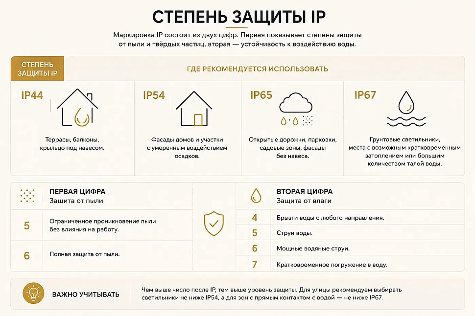 Расшифровка степени защиты IP для уличных светильников (IP44, IP54, IP65, IP67)