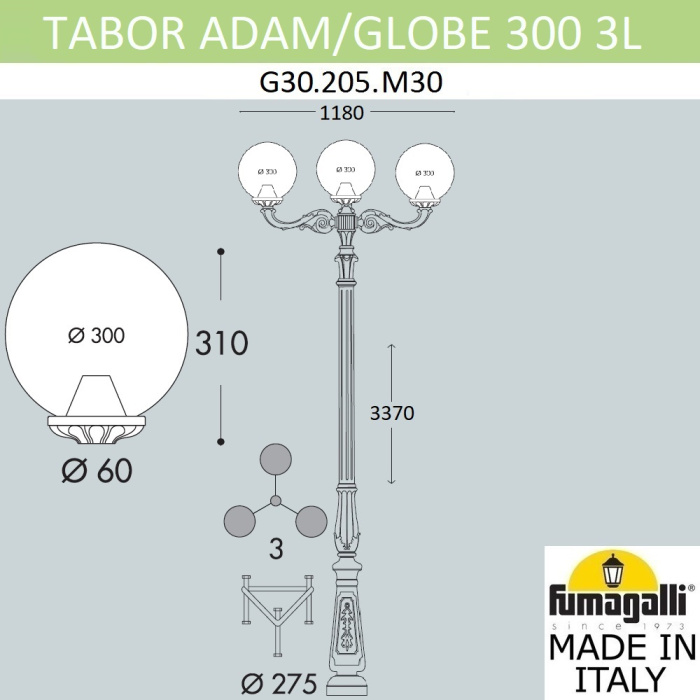 Парковый фонарь FUMAGALLI TABOR ADAM/GLOBE 300 3L G30.205.M30.AYF1R