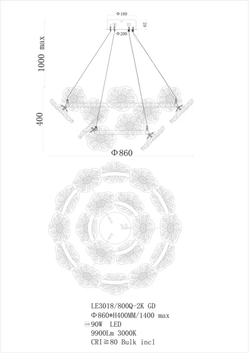 Подвесная люстра Leon Violetta LE3018/800Q-2K GD