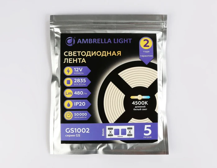 Светодиодная лента Ambrella Light GS1002 2835 60Led /4.8W m/ 12V IP20 4500K 5m /кратность резки 50mm Ambrella light GS1002