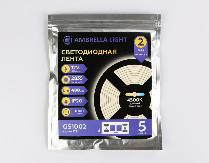 Светодиодная лента Ambrella Light GS1002 2835 60Led /4.8W m/ 12V IP20 4500K 5m /кратность резки 50mm Ambrella light GS1002