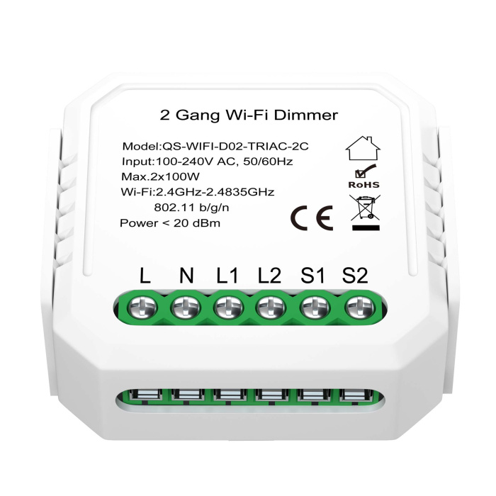 WI-FI диммируемое реле 2 канала 2x100W, IP20, L46xW46xH18, 230V, Белый ST9000.500.02CDIM