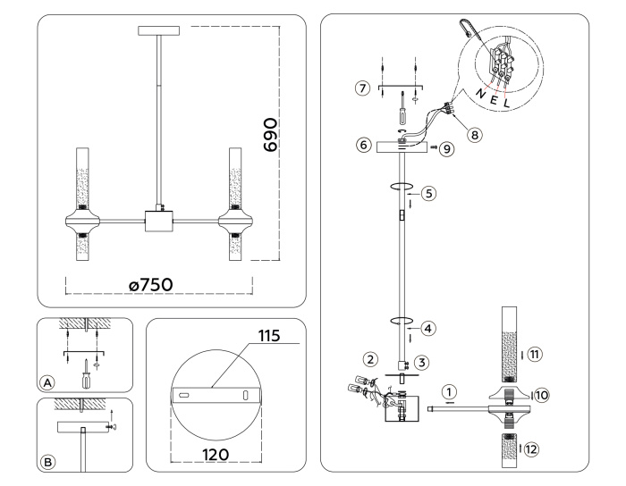 Люстра со стеклянными плафонами на штанге Ambrella light LH55353