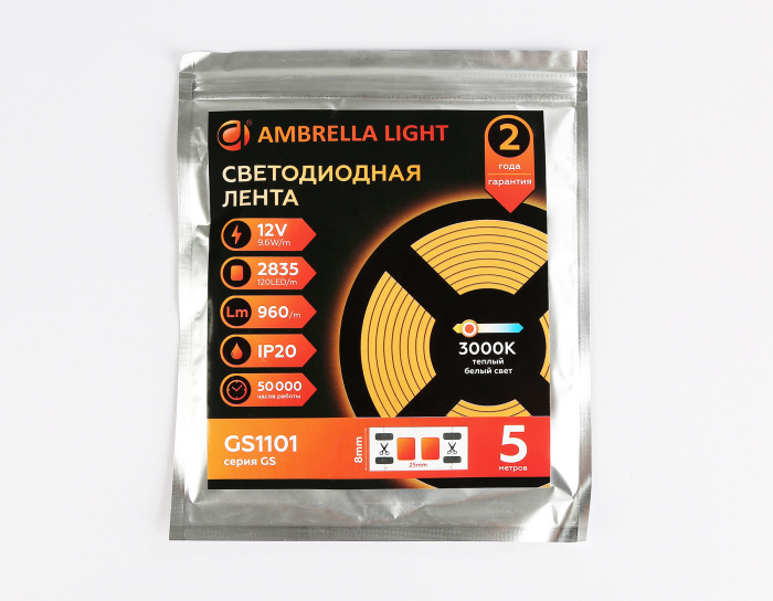 Светодиодная лента Ambrella Light GS1101 2835 120Led /9.6W m/ 12V IP20 3000K 5m/кратность резки 25mm Ambrella light GS1101