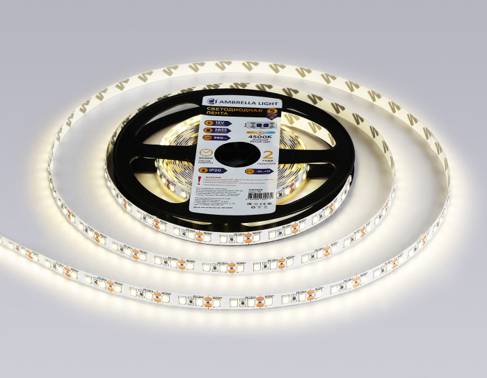 Светодиодная лента Ambrella Light GS1102 2835 120Led /9.6W m/ 12V IP20 4500K 5m/кратность резки 25mm Ambrella light GS1102