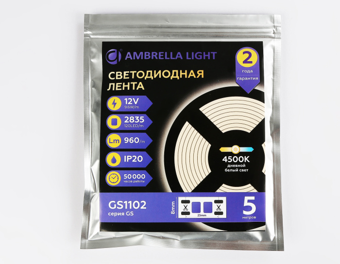 Светодиодная лента Ambrella Light GS1102 2835 120Led /9.6W m/ 12V IP20 4500K 5m/кратность резки 25mm Ambrella light GS1102