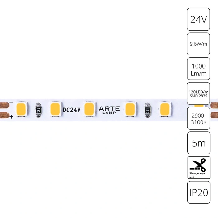 Светодиодная лента 24V 9,6W/m 3000К 5м Arte Lamp TAPE A2412005-01-3K