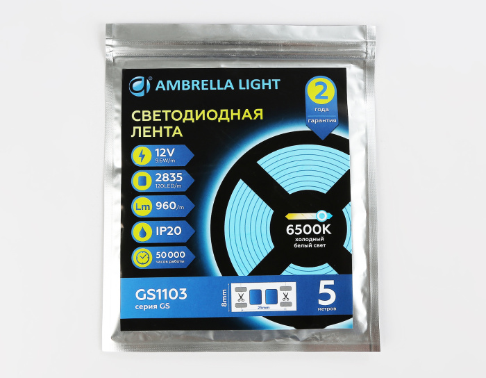 Светодиодная лента Ambrella Light GS1103 2835 120Led /9.6W m/ 12V IP20 6500K 5m/кратность резки 25mm Ambrella light GS1103