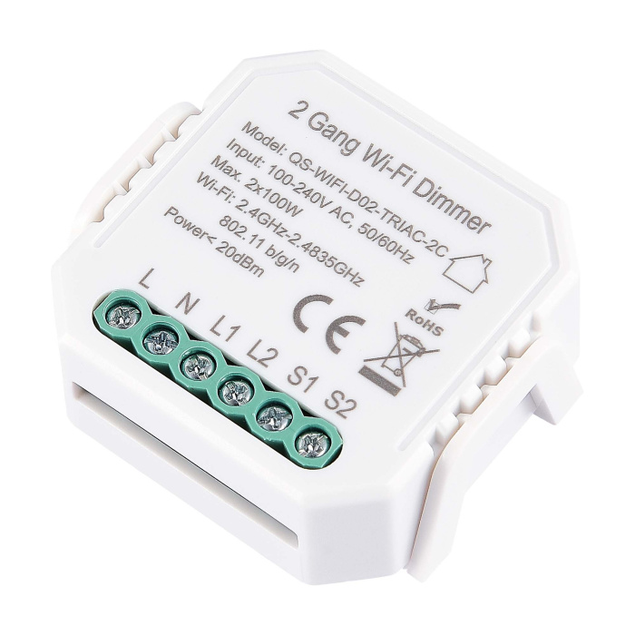 WI-FI реле 2 канала, 2x150W,IP20, L46xW46xH18,230V, Белый ST9000.500.02C