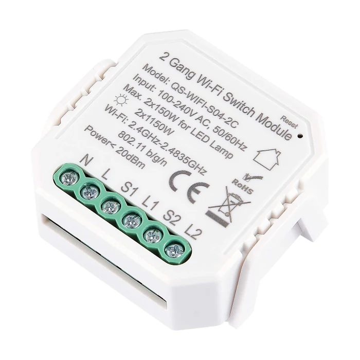 WI-FI реле 2 канала, 2x150W,IP20, L46xW46xH18,230V, Белый ST9000.500.02C