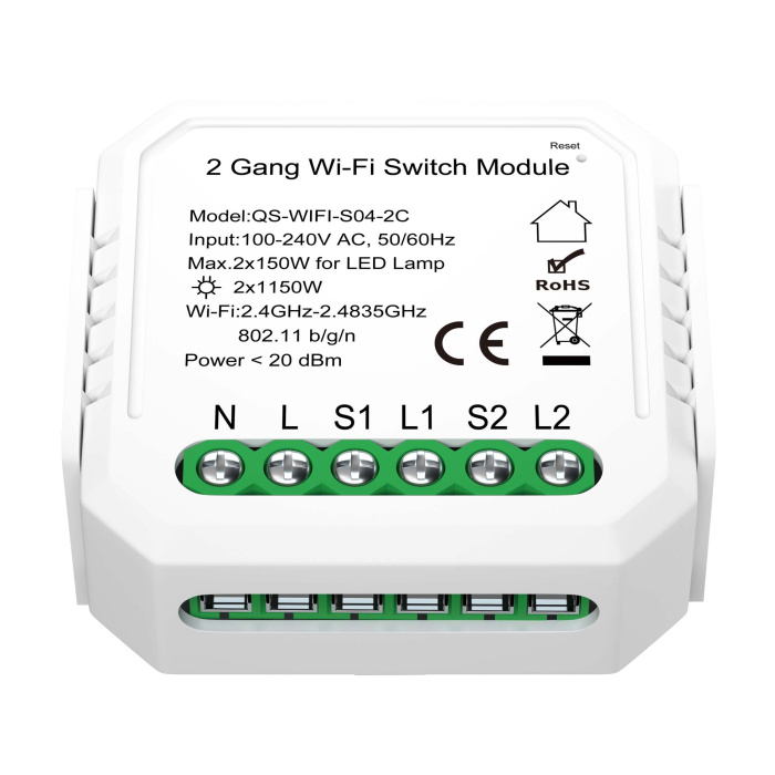WI-FI реле 2 канала, 2x150W,IP20, L46xW46xH18,230V, Белый ST9000.500.02C