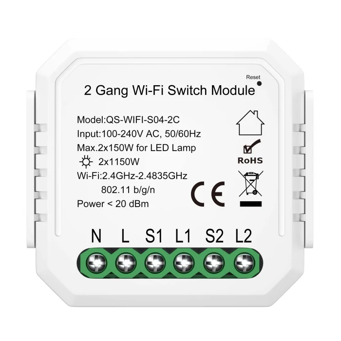WI-FI реле 2 канала, 2x150W,IP20, L46xW46xH18,230V, Белый ST9000.500.02C