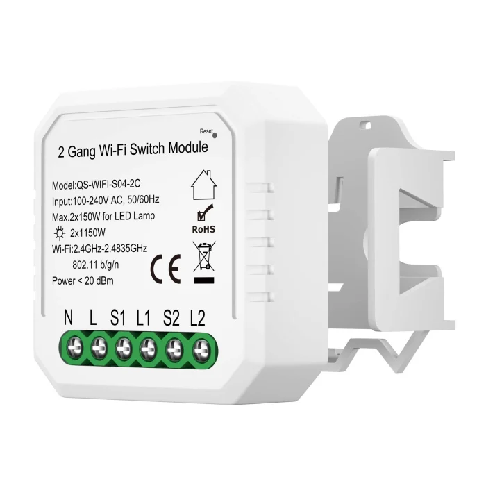 WI-FI реле 2 канала, 2x150W,IP20, L46xW46xH18,230V, Белый ST9000.500.02C