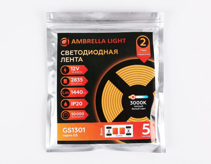 Светодиодная лента Ambrella Light GS1301 2835 180Led /14.4W m/12V IP20 3000K 5m/кратность резки 33mm Ambrella light GS1301