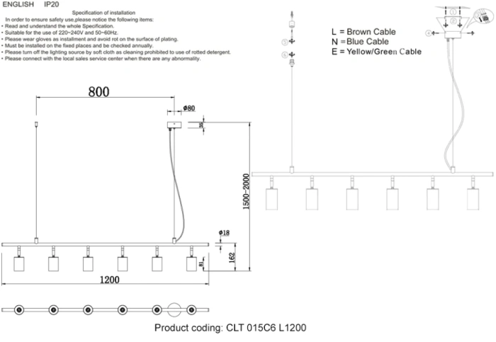 Светильник подвесной Crystal Lux CLT 015C6 L1200 BL-GO