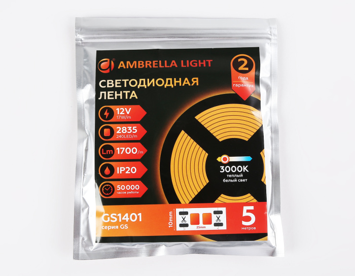 Светодиодная лента Ambrella Light GS1401 2835 240Led /17W m/ 12V IP20 3000K 5m/кратность резки 25mm Ambrella light GS1401