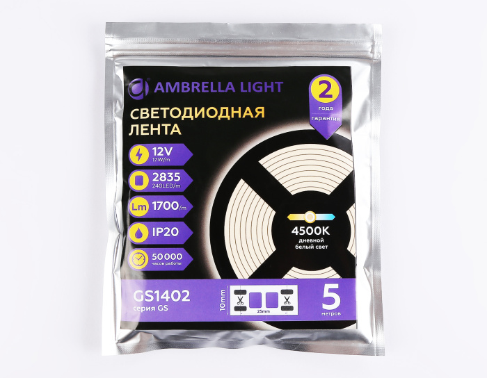 Светодиодная лента Ambrella Light GS1402 2835 240Led /17W m/ 12V IP20 4500K 5m/кратность резки 25mm Ambrella light GS1402