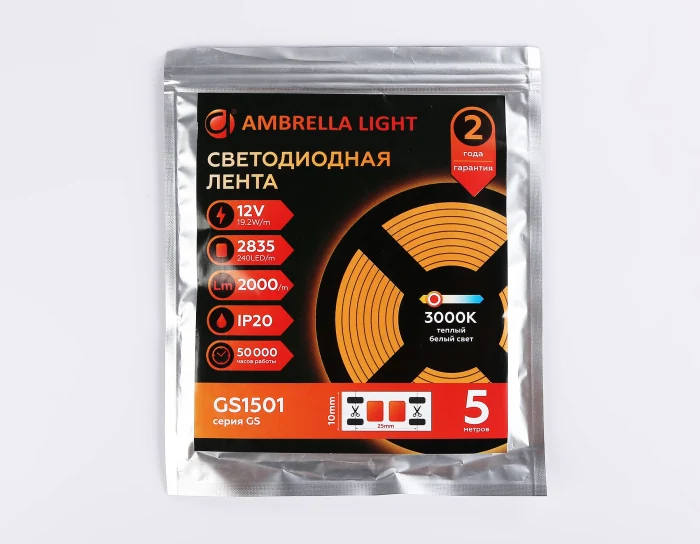 Светодиодная лента Ambrella Light GS1501 2835 240Led /19.2W m/12V IP20 3000K 5m/кратность резки 25mm Ambrella light GS1501