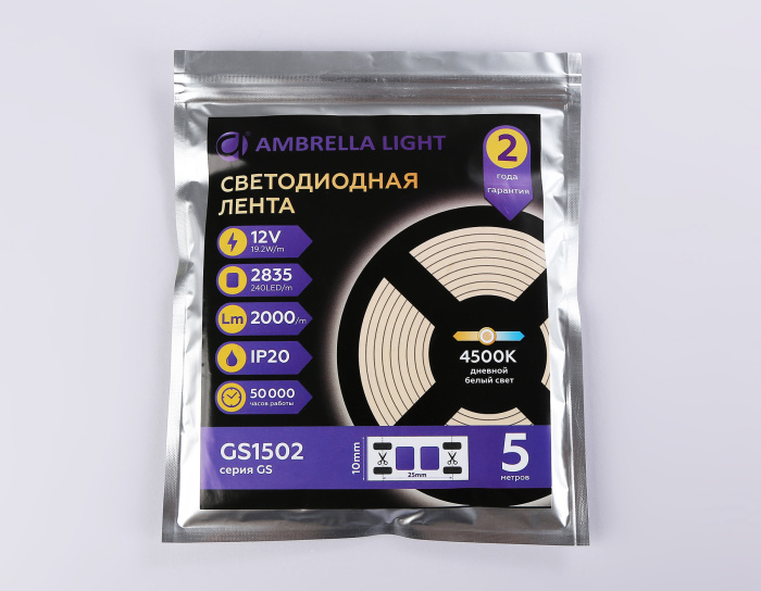 Светодиодная лента Ambrella Light GS1502 2835 240Led /19.2W m/12V IP20 4500K 5m/кратность резки 25mm Ambrella light GS1502
