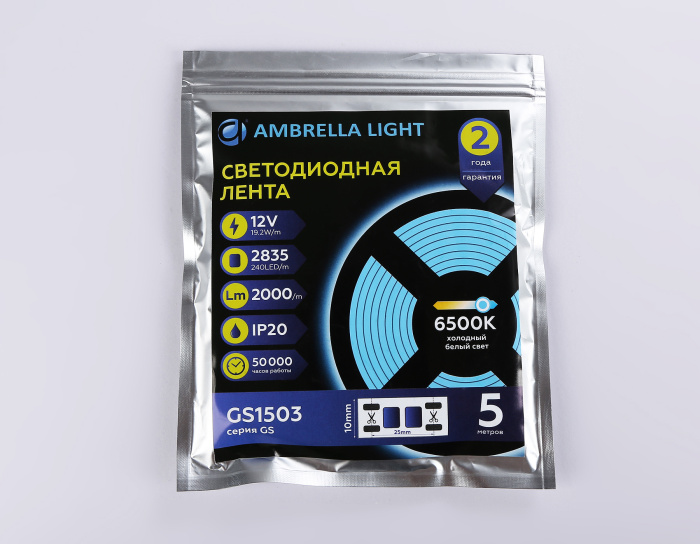 Светодиодная лента Ambrella Light GS1503 2835 240Led /19.2W m/12V IP20 6500K 5m/кратность резки 25mm Ambrella light GS1503