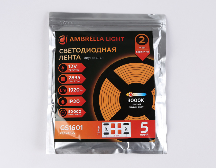 Светодиодная лента двухрядная Ambrella Light GS1601 2835 240Led /19.2W m/ 12V IP20 3000K 5m Ambrella light GS1601