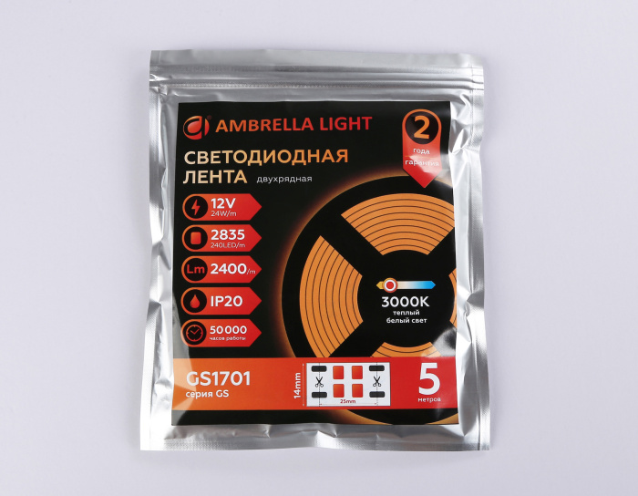 Светодиодная лента двухрядная Ambrella Light GS1701 2835 240Led /24W m/ 12V IP20 3000K 5m Ambrella light GS1701