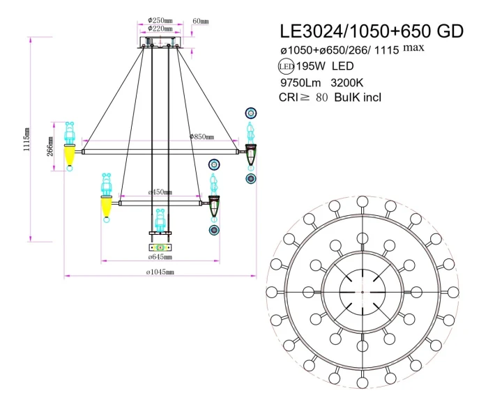 Подвесная люстра Leon Joli LE3024/1050+650 GD