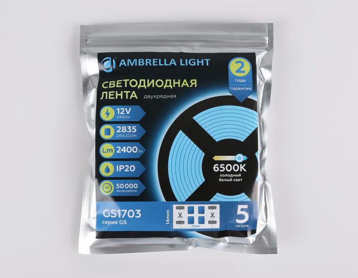 Светодиодная лента двухрядная Ambrella Light GS1703 2835 240Led /24W m/ 12V IP20 6500K 5m Ambrella light GS1703