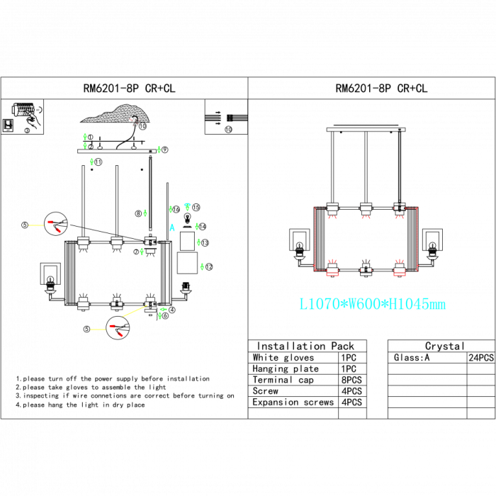 Светильник подвесной iLamp King RM6201-8P CR+CL