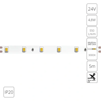 Светодиодная лента 24V 4,8W/m 3000К 5м IP20 Arte Lamp TAPE A2406008-01-3K