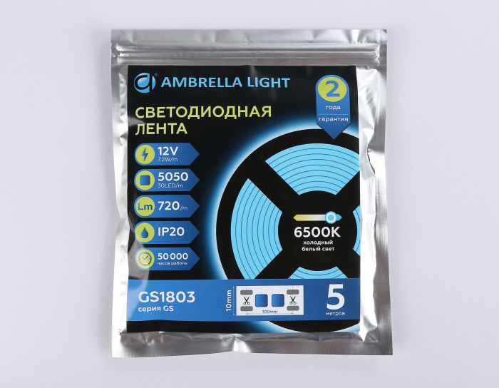 Светодиодная лента Ambrella Light GS1803 5050 30Led /7.2W m/ 12V IP20 6500K 5m Ambrella light GS1803