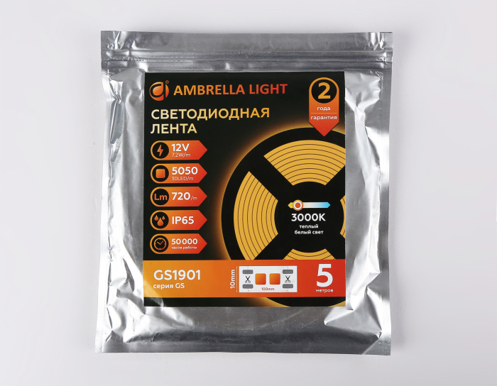 Светодиодная лента Ambrella Light GS1901 5050 30Led /7.2W m/ 12V IP65 3000K 5m Ambrella light GS1901