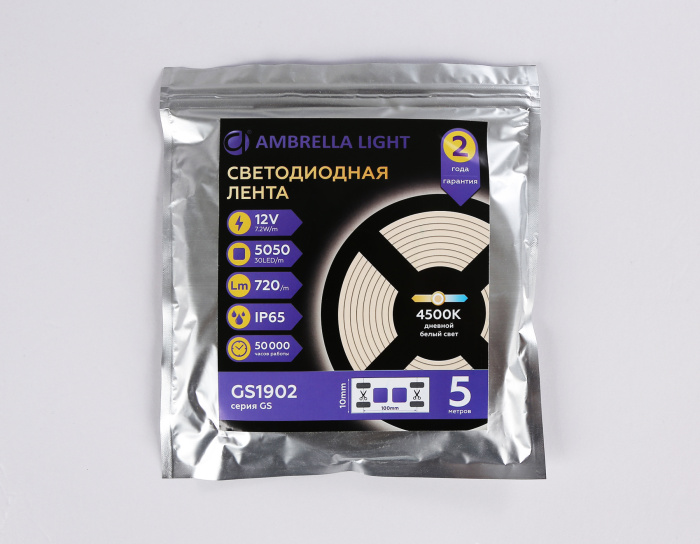 Светодиодная лента Ambrella Light GS1902 5050 30Led /7.2W m/ 12V IP65 4500K 5m Ambrella light GS1902