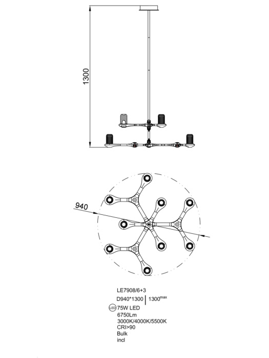 Люстра на штанге Leon Barbara LE7908/6+3 Gold