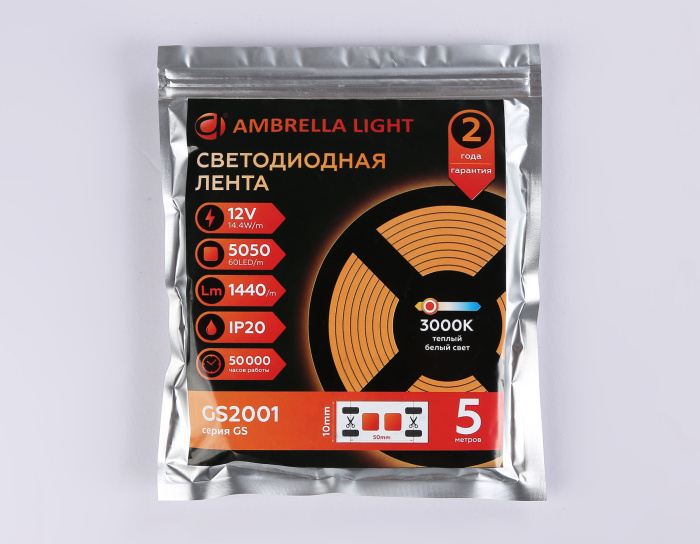 Светодиодная лента Ambrella Light GS2001 5050 60Led /14.4W m/ 12V IP20 3000K 5m Ambrella light GS2001