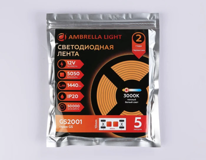 Светодиодная лента Ambrella Light GS2001 5050 60Led /14.4W m/ 12V IP20 3000K 5m Ambrella light GS2001