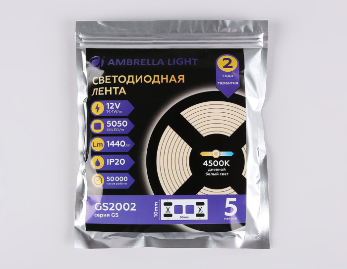 Светодиодная лента Ambrella Light GS2002 5050 60Led /14.4W m/ 12V IP20 4500K 5m Ambrella light GS2002