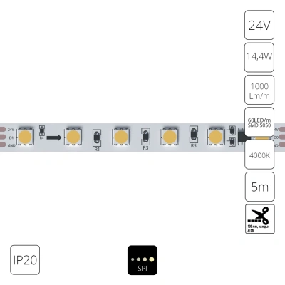 Светодиодная лента 24V 14,4W/m 4000К 5м IP20 Arte Lamp SPI A2406010-04-4K