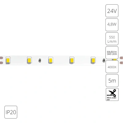 Светодиодная лента 24V 4,8W/m 4000К 5м IP20 Arte Lamp TAPE A2406008-02-4K