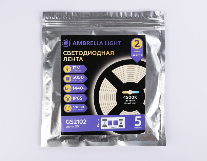 Светодиодная лента Ambrella Light GS2102 5050 60Led /14.4W m/ 12V IP65 4500K 5m Ambrella light GS2102