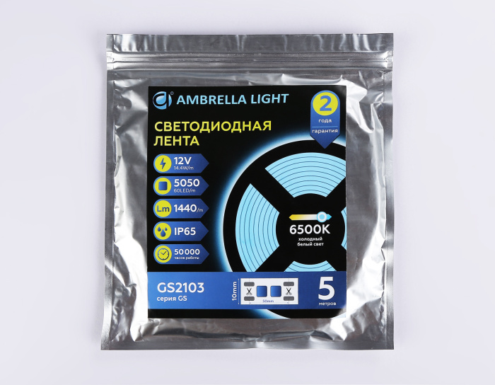 Светодиодная лента Ambrella Light GS2103 5050 60Led /14.4W m/ 12V IP65 6500K 5m Ambrella light GS2103
