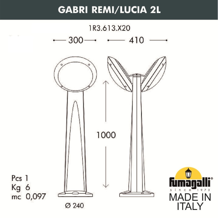 Садовый светильник-столбик наклонный FUMAGALLI GABRI REMI/LUCIA 1L 1R3.613.X20.LYE27