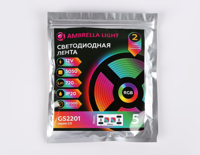 Светодиодная лента RGB Ambrella Light GS2201 5050 30Led /7.2W m/ 12V IP20 RGB 5m Ambrella light GS2201