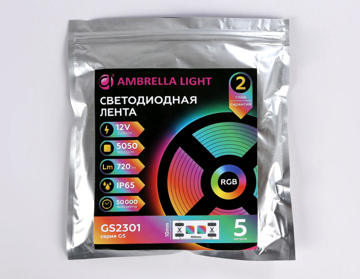 Светодиодная лента RGB Ambrella Light GS2301 5050 30Led /7.2W m/ 12V IP65 RGB 5m Ambrella light GS2301