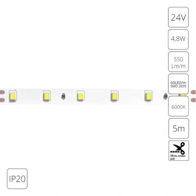 Светодиодная лента 24V 4,8W/m 6000К 5м IP20 Arte Lamp TAPE A2406008-03-6K