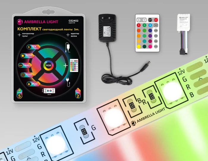 Комплект светодиодной ленты RGB Ambrella Light 5m GS2402 5050 60Led /14.4W m/ 12V IP20 RGB 5m Ambrella light GS2402